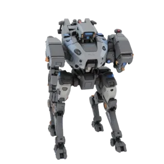 3D model of a four-legged cyberpunk battle robot standing on a white background