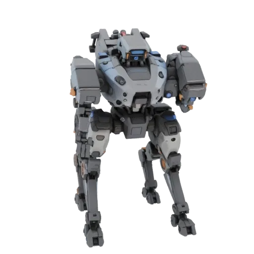 Modèle 3D robot quadrupède de combat style cyberpunk, debout sur fond blanc