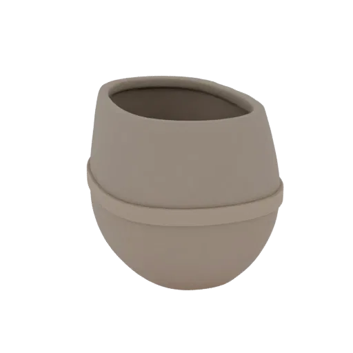 A 3D render of a Japandi-style planter with an asymmetrical, organic shape and a matte, neutral finish, set against a white b