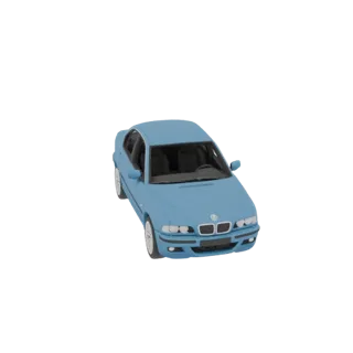 3D model of a blue 1998 BMW E39 sedan, front and top view