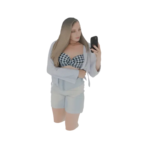 3D model of a woman with blonde hair, wearing a checkered bikini and blue shorts, holding a smartphone to take a selfie.