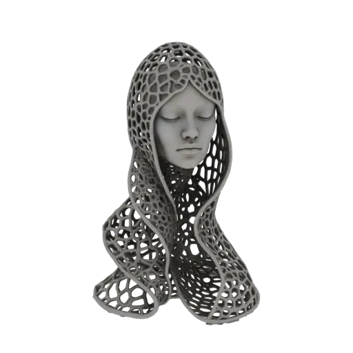 3D render of a futuristic bust of a figure wearing an intricate, grey lattice-like hood, with eyes closed.