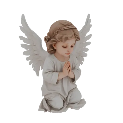 3D model of a young angel kneeling with hands clasped in prayer, white wings spread behind it, black background