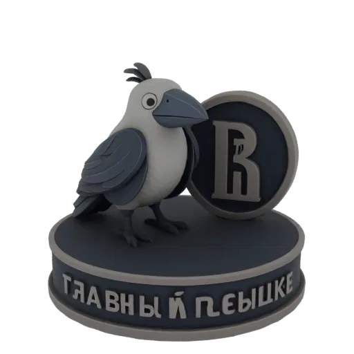 3D model of a cartoon crow with a coin, standing on a base with Russian text, against a white background.