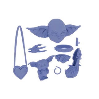 Modèle 3D de gremlin fantaisiste avec accessoires (sac cœur, chaussure à clous, collier, bague) sur fond blanc.
