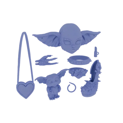 Modèle 3D de gremlin fantaisiste avec accessoires (sac cœur, chaussure à clous, collier, bague) sur fond blanc.