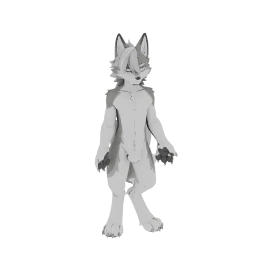 Render en escala de grises de un modelo 3D de un personaje lobo de pie con pelaje detallado y rasgos expresivos.
