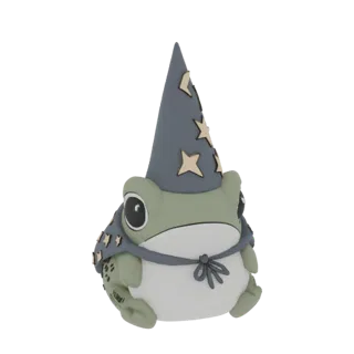 A 3D render of a chubby, green frog wearing a grey wizard hat with gold stars and a matching cape, sitting and looking forwar