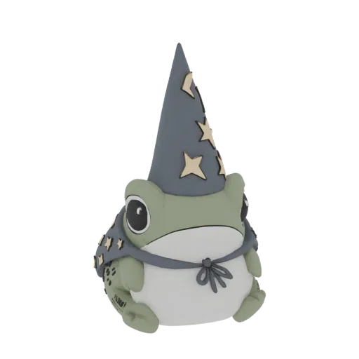 A 3D render of a chubby, green frog wearing a grey wizard hat with gold stars and a matching cape, sitting and looking forwar