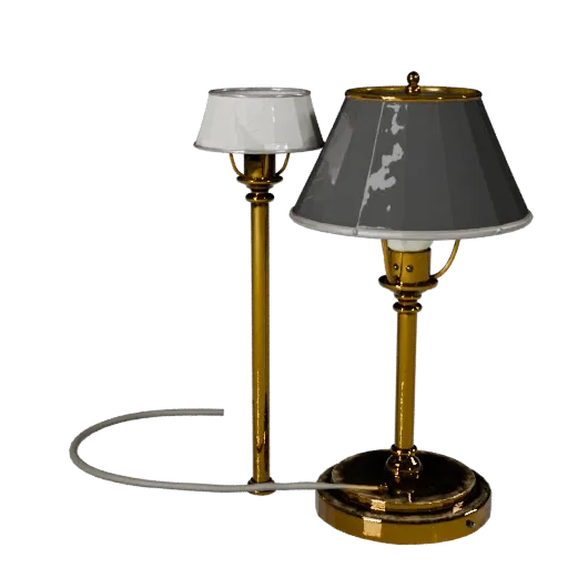 Messing Stehlampe spieletaugliches 3D-Modell, Front-Dreiviertel-Studio-Rendering, zeigt Lampensilhouette und Oberflächenkontr