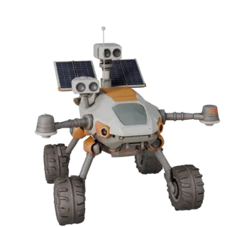 Prospector Drone Scout stilisierter 3D-Modell, stilisierte isometrische Darstellung, staubige Räder, Fahrzeugposition.