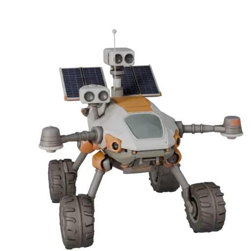 Prospector Drone Scout Stylized 3D model, stylized isometric render, showing dusty wheels, vehicle stance.