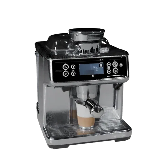 Retro Coffee Machine Product Viz 3D model, dining room, three-quarter studio product render, plastic detail.
