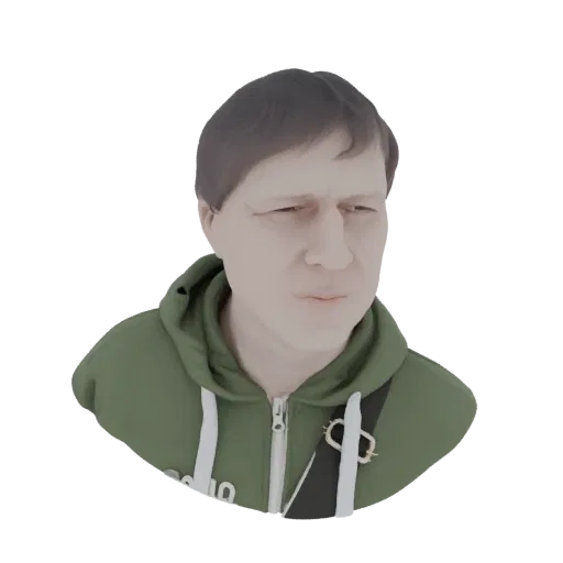 3D model render of a man wearing a green hoodie with a circular brooch, looking to the side with a thoughtful expression.