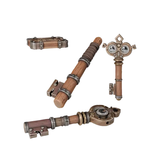 Fantasy Loot Key High Poly 3D model, close-up studio render, showing aged wood, clear pickup silhouette.