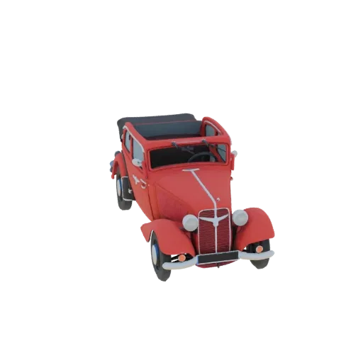 3D-Modell einer vintage roten Cabrio-Limousine mit offenem Verdeck, von vorne im Dreiviertelblick.