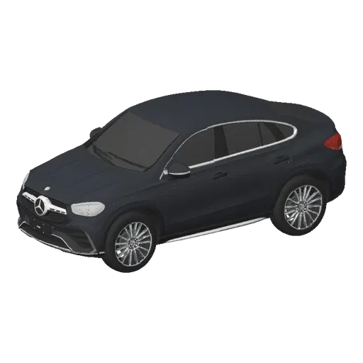 3D model dark grey Mercedes-Benz GLE Coupe, front and side view, on black background
