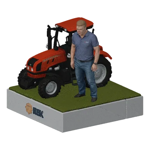 3D model of a farmer standing next to a red tractor on a green diorama base, with a white display stand.