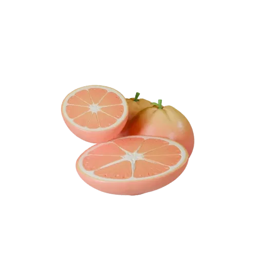Sliced Orange Stylized 3D model, stylized isometric render, showing skin pores, recognizable fruit forms.