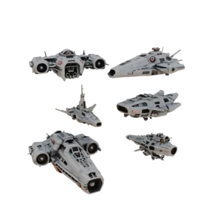 Flotte von fünf detaillierten 3D-Modellen von Retro-Futurismus-Raumschiffen der 80er Jahre, einschließlich Jäger, Transporter