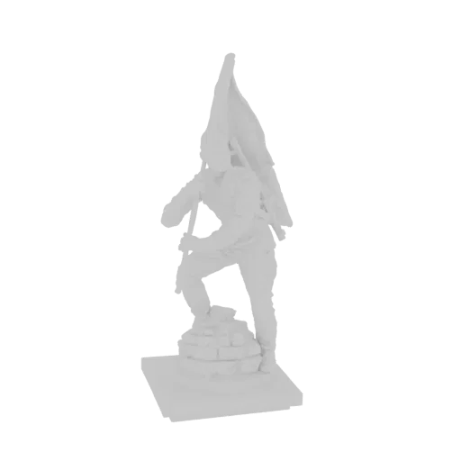 3D model render of a white, unpainted miniature of a soldier holding a flag, standing on a rocky base.