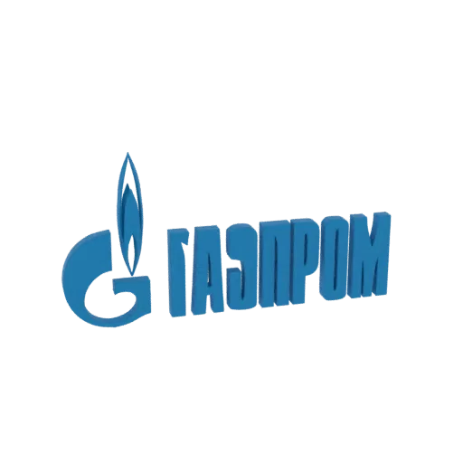3D model of the Gazprom logo, showing a blue flame symbol next to the blue, 3D text 'ГАЗПРОМ'.