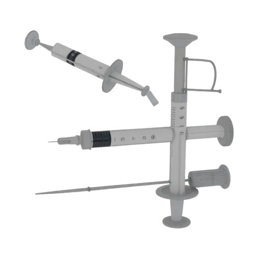 Hochdetailliertes 3D-Modell einer chirurgischen Spritze, Nahaufnahme im Studio-Render, zeigt Edelstahl, handgehaltenes Werkze