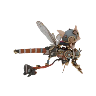 Modello 3D di libellula steampunk con un elfo seduto sulla schiena, con dettagli in metallo e pelle, ali semitrasparenti