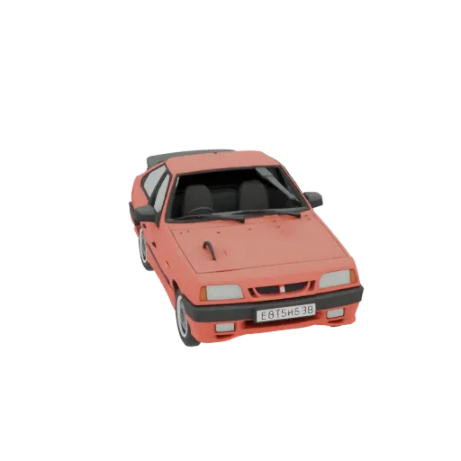 3D model of a coral red 1990s sedan, viewed from a slightly elevated front-right angle against a black background.
