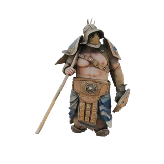 Modelo 3D de un guerrero Gladiador con armadura ornamentada, sosteniendo una lanza y un escudo, sobre un fondo blanco.