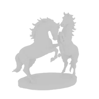 Renderização de modelo 3D de dois cavalos brancos empinados sobre uma base esculpida contra um fundo branco.
