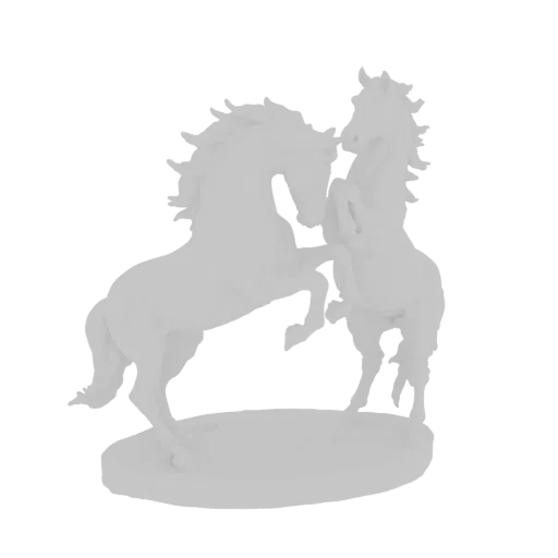 Rendering di un modello 3D di due cavalli bianchi impennati su una base scolpita contro uno sfondo bianco.