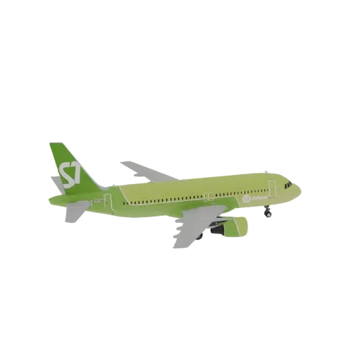 3D model of an S7 Airlines Airbus A320-214 passenger jet with a green livery, shown against a black background.