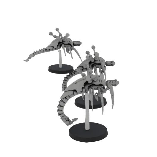 A 3D render of three grey, futuristic alien drones in a swarm formation, each mounted on a black display base.