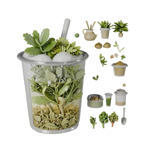 Fresh Herb Bundle Printable 3D model, isometric STL render, showing powders, small ingredient shapes.
