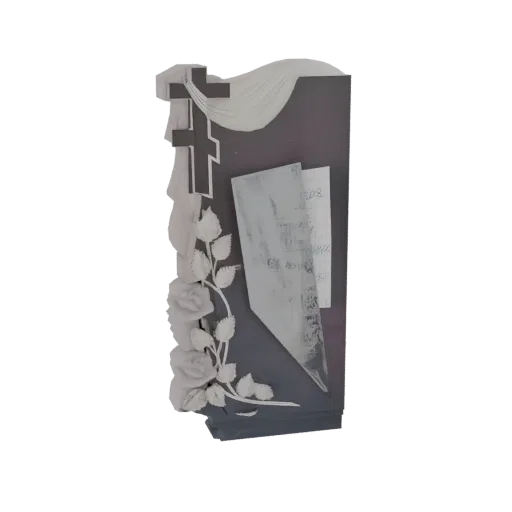 3D model of a tombstone with carved roses, crosses, and draped fabric, rendered on a black background.