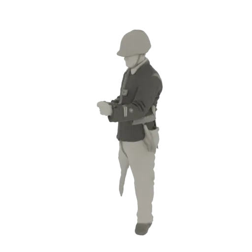3D model render of a historical military figure in uniform with a helmet and sword, shown in a neutral gray material.