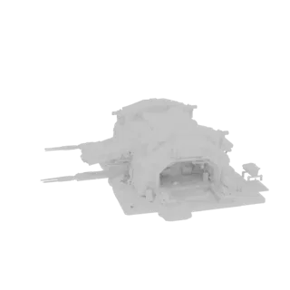 3D model of a low-poly, silver metallic sci-fi hangar bay with large cannons.