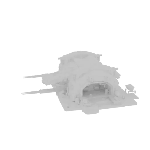 Modello 3D di una baia hangar sci-fi low-poly metallo argentato con grandi cannoni.