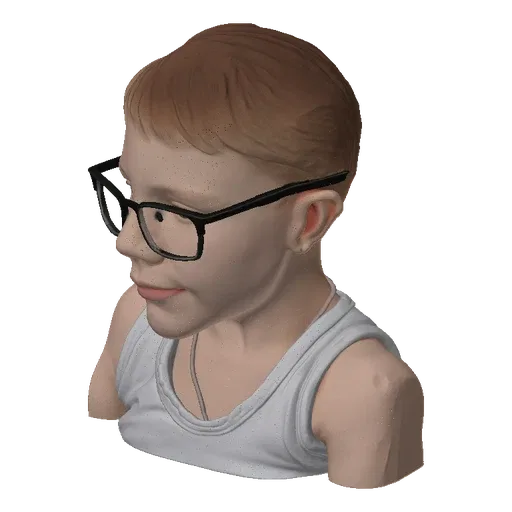 3D model render of a young boy with short brown hair, wearing black glasses and a white tank top, looking forward with a slig