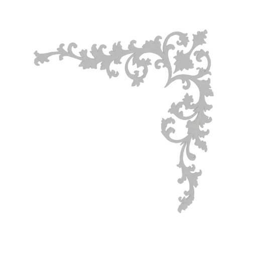 3D model of a grey, ornate corner flourish with swirling acanthus leaves and scrollwork.