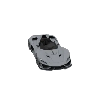 3D model of a sleek, modern gray convertible sports car with sharp lines and an open top, viewed from a front-three-quarter a