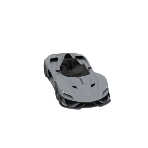 3D model of a sleek, modern gray convertible sports car with sharp lines and an open top, viewed from a front-three-quarter a