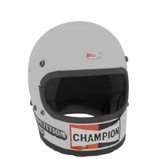 3D model of a vintage white racing helmet with a red, white, and black Champion decal on the front, against a black backgroun