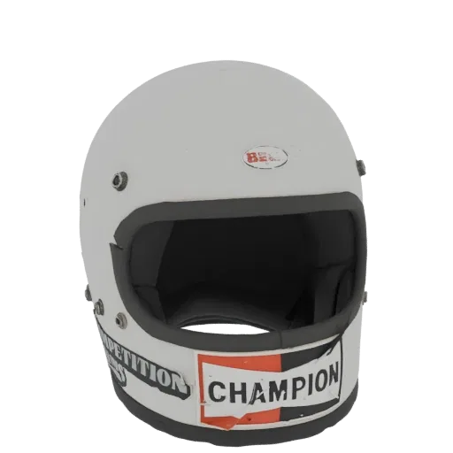 3D model of a vintage white racing helmet with a red, white, and black Champion decal on the front, against a black backgroun