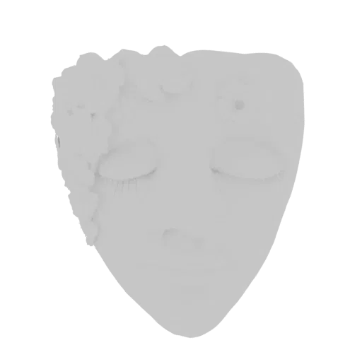 3D model render of a serene face mask with closed eyes and delicate floral accents on the forehead and temple.