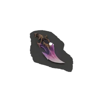 3D model of a fantasy dagger with a purple crystal blade and dark, ornate hilt, set against a dark background.