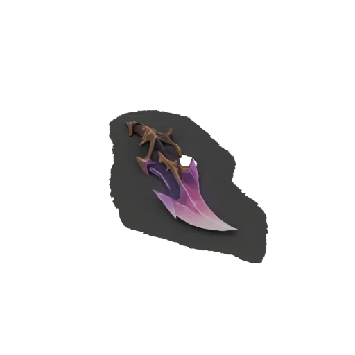 3D model of a fantasy dagger with a purple crystal blade and dark, ornate hilt, set against a dark background.
