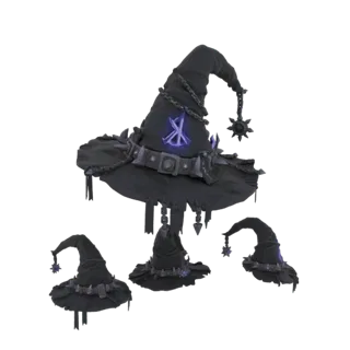 A menacing gothic wizard hat with spiked accents, chains, and a glowing blue rune, shown with smaller versions.