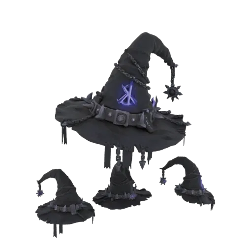 A menacing gothic wizard hat with spiked accents, chains, and a glowing blue rune, shown with smaller versions.